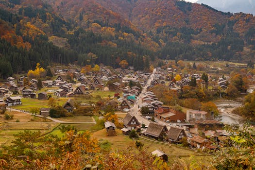 Aerial view of Shirakawa-go village during vibrant autumn season.