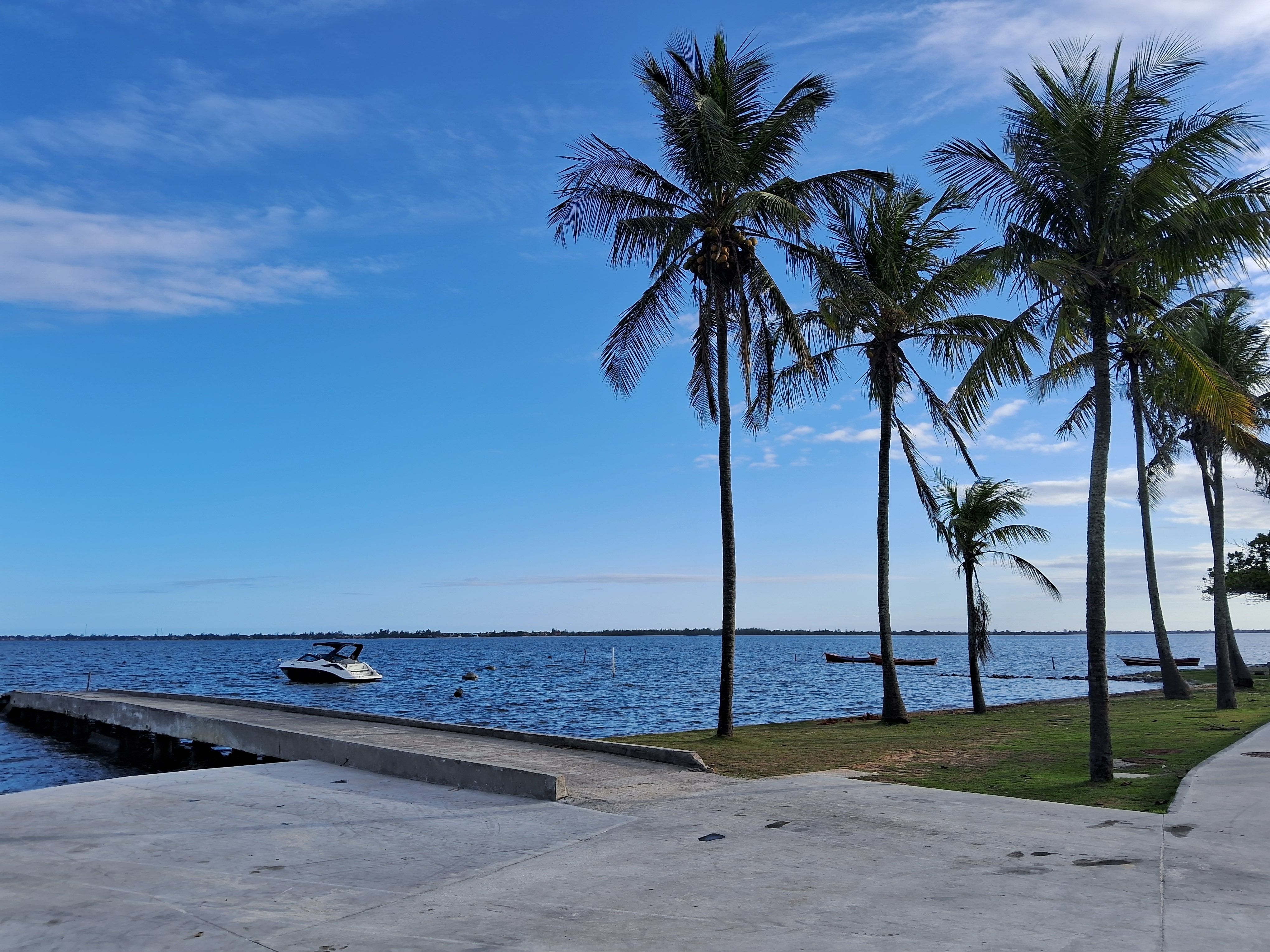 Scenic view of palm trees by a tropical beach jetty with a boat on a sunny day