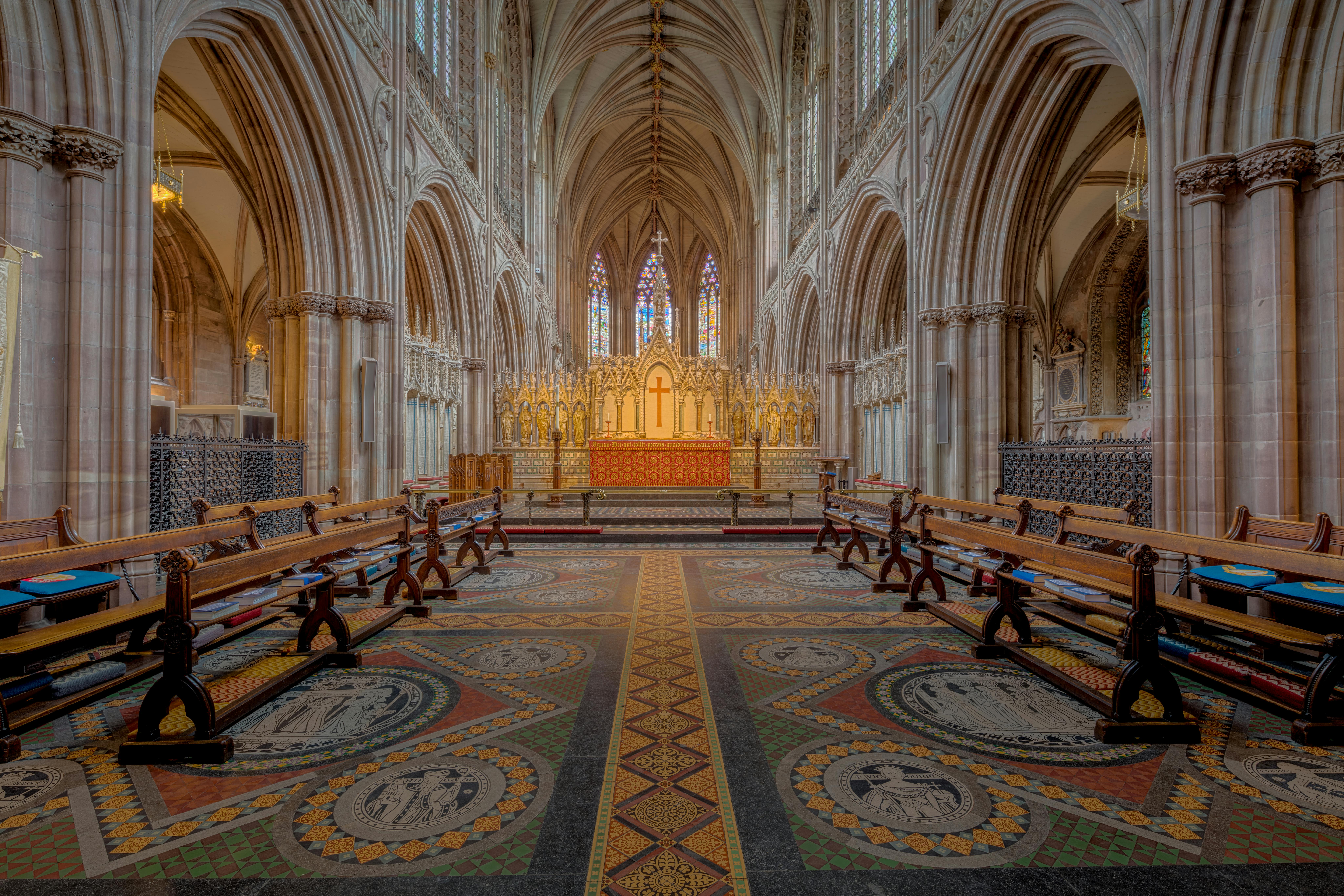 Stunning view of the gothic architecture inside Lichfield Cathedral, England.