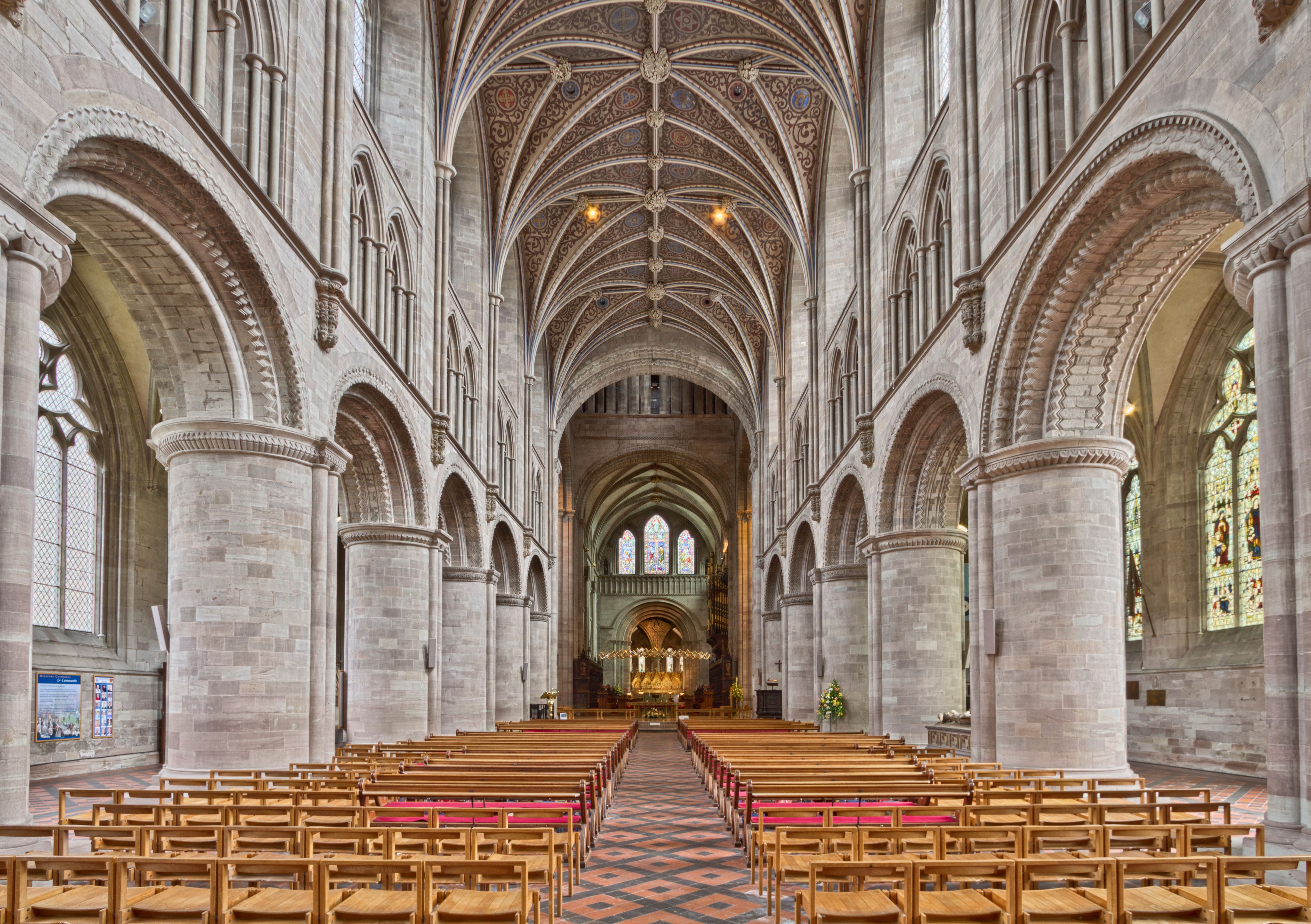 Captivating view of Hereford Cathedral's ornate nave, showcasing Gothic architecture and intricate craftsmanship.