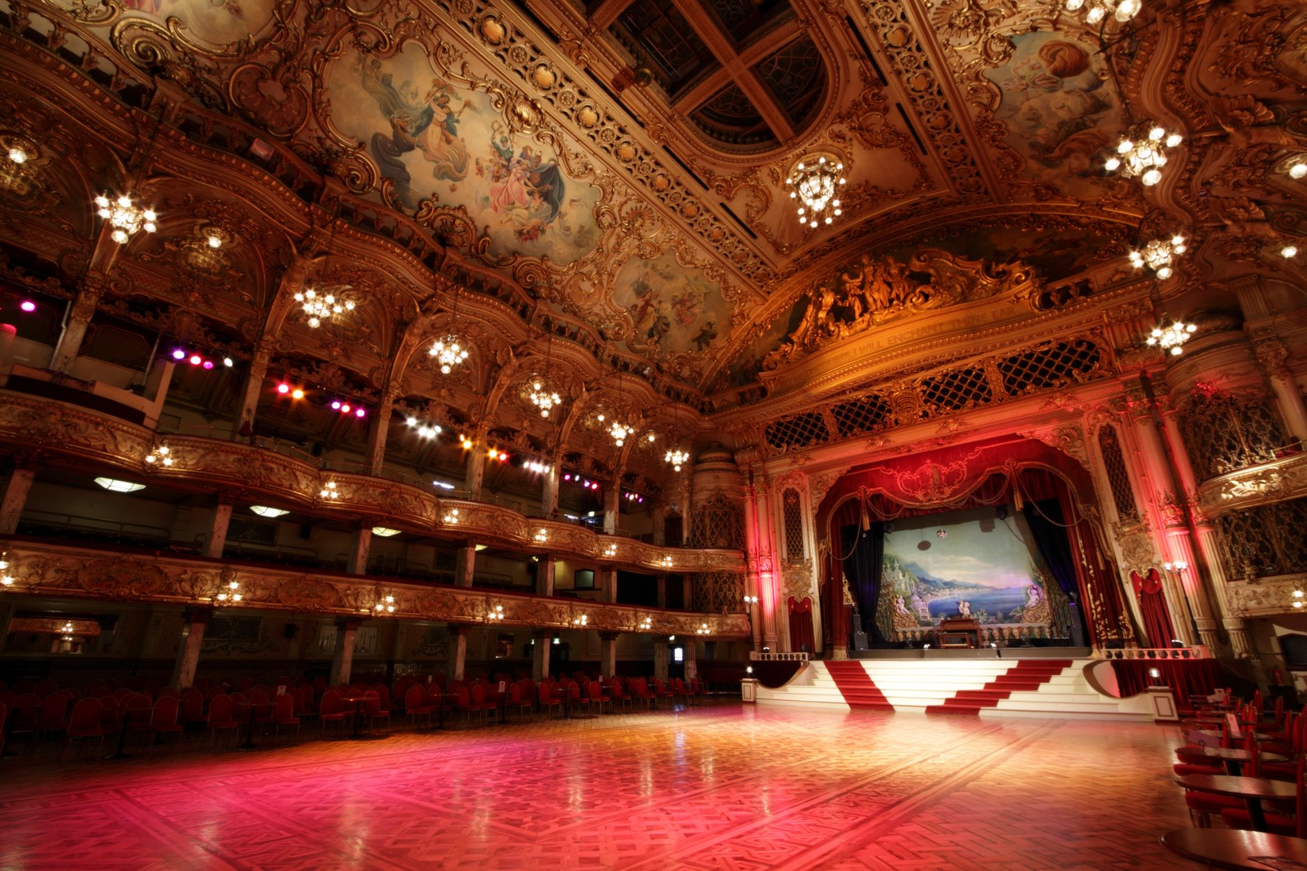 Stunning view of the historic and opulent Blackpool Tower Ballroom, England.