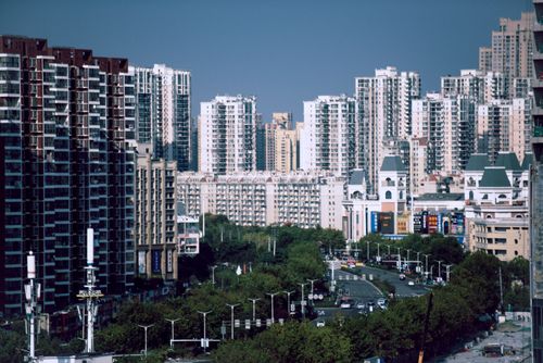 Free View of high-rise apartment buildings and busy city street with lush greenery. Stock Photo