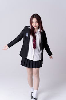 Portrait of a young woman in a school uniform posing gracefully against a white background.