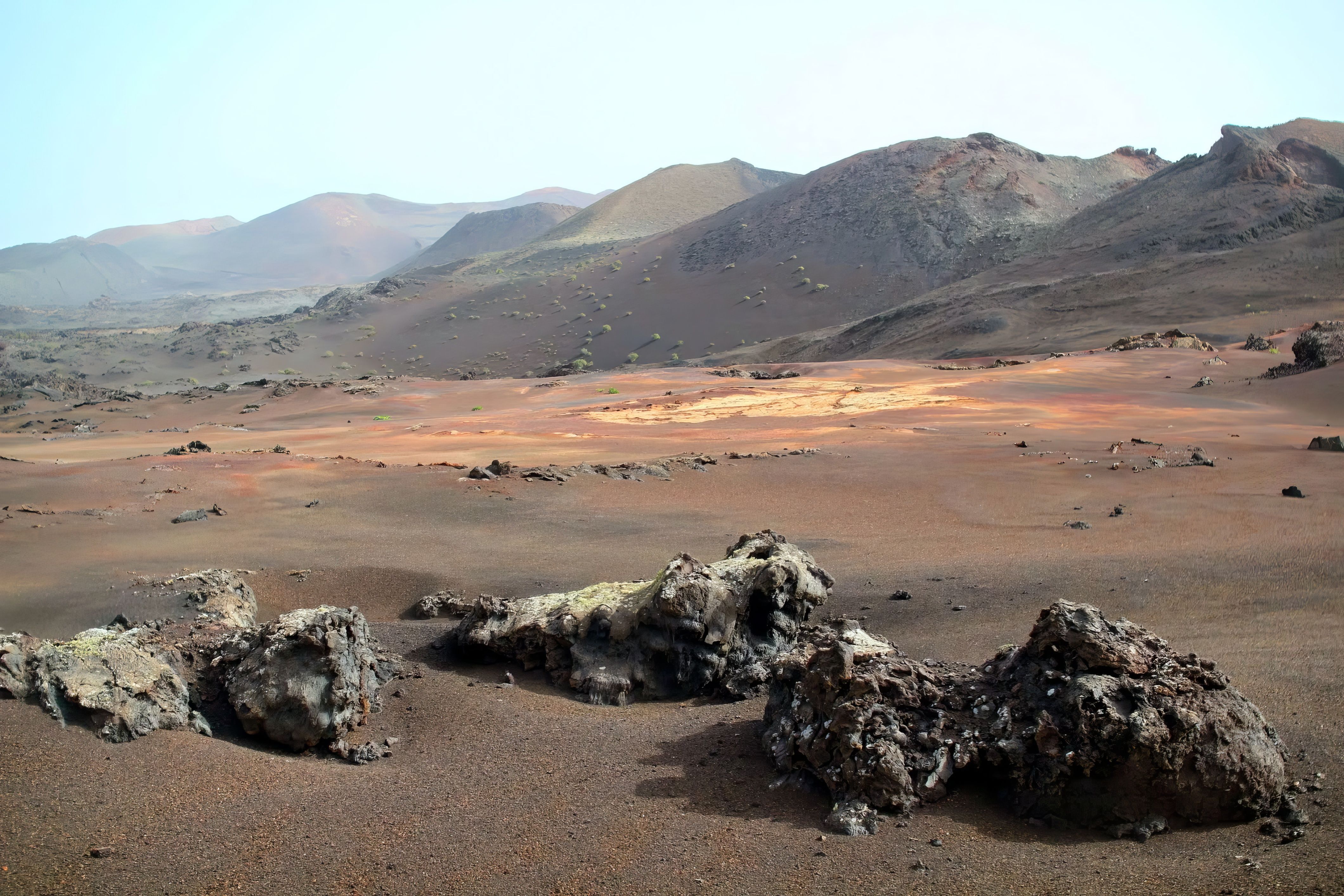 Breathtaking view of volcanic terrain and rugged rocks in Lanzarote, Spain.