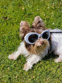 Yorkshire Terrier wearing sunglasses enjoys sunbathing on a sunny day in Latvia.