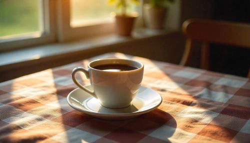 Free A cup of freshly brewed coffee on a checkered tablecloth, bathed in sunlight. Stock Photo
