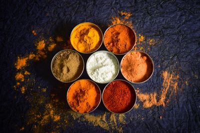 Colourful Indian spices in bowls