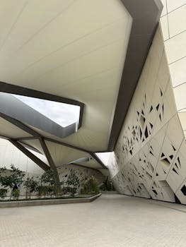 Stunning architectural view featuring geometric patterns and modern design lines outdoors.