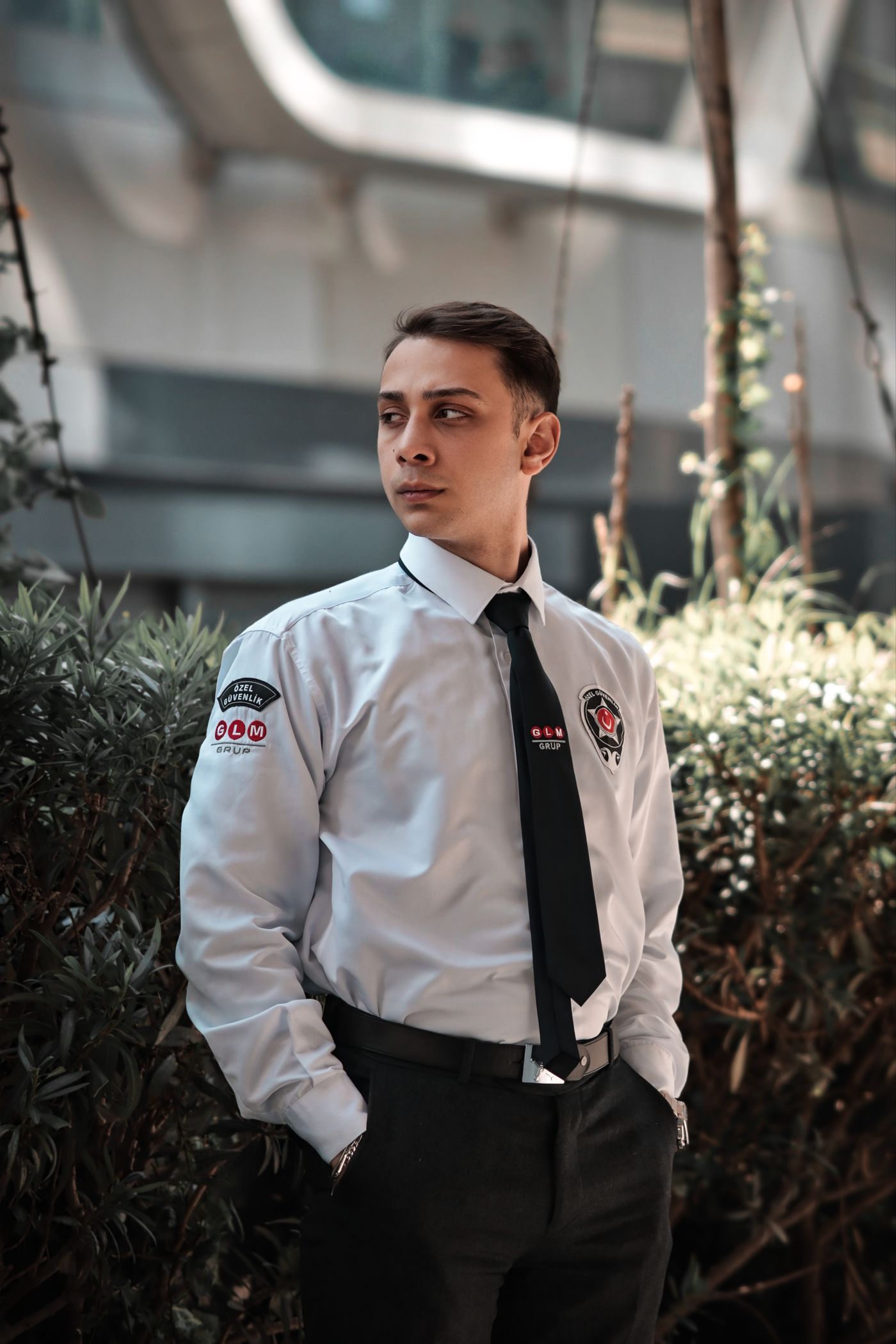 Professional security officer in an urban setting