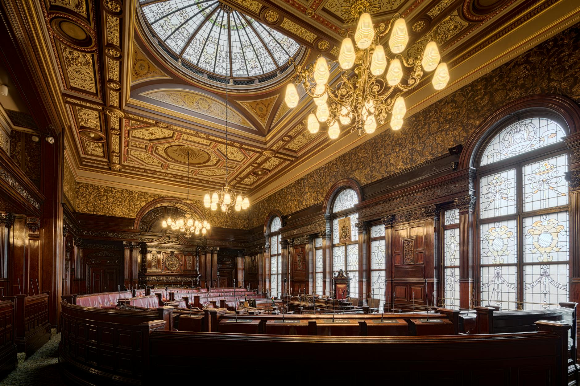 Elegant interior of a council chamber with intricate details