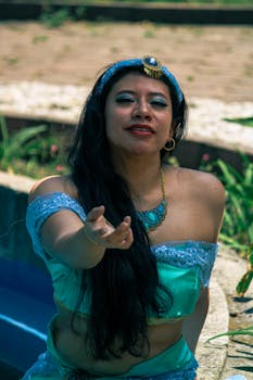 A woman dressed as a fantasy princess reaches out in a lush Mexican park scene.