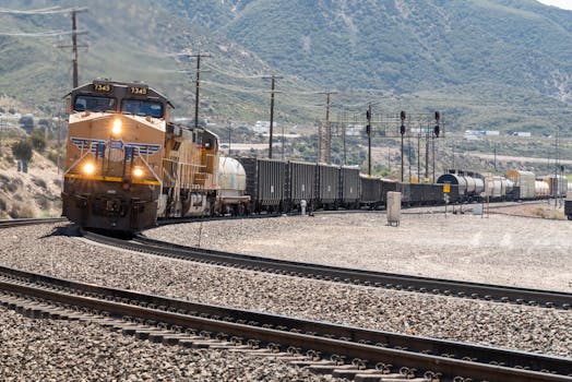 A freight train travels through scenic mountainous terrain on a bright sunny day.