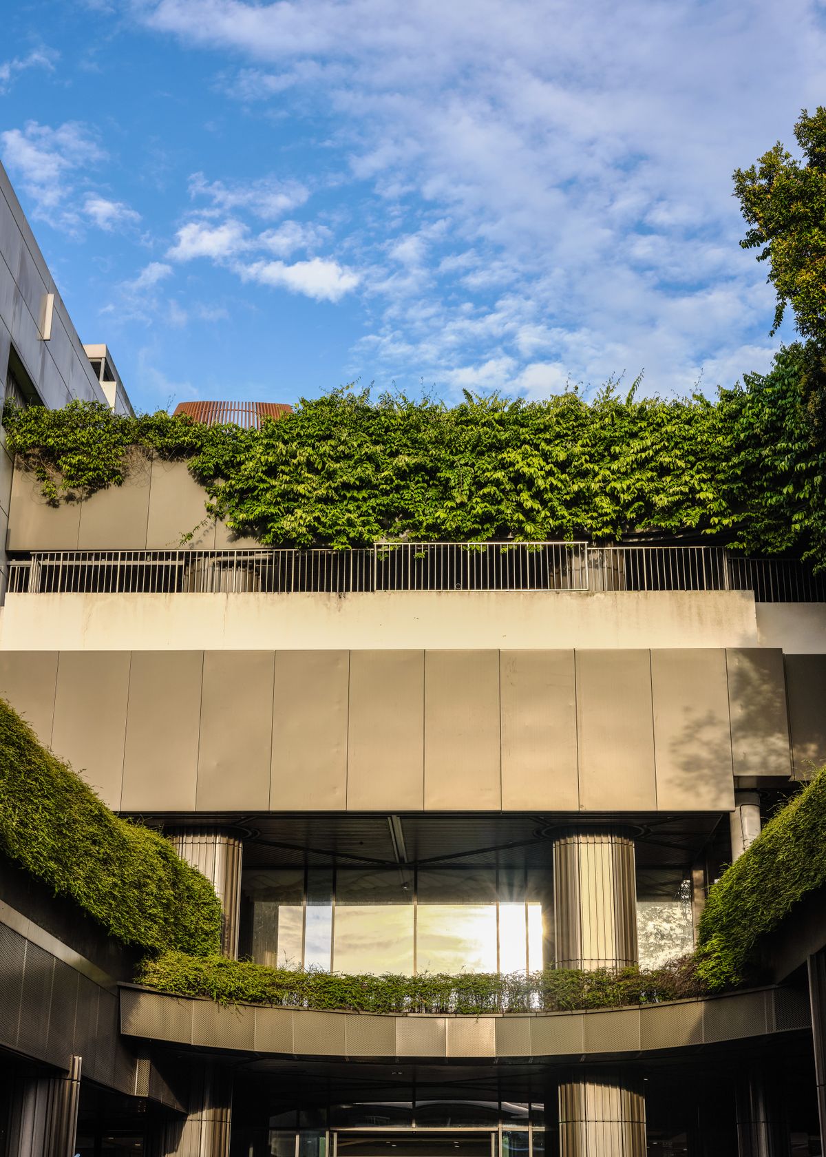 Fachada de pr&eacute;dio moderno com vegeta&ccedil;&atilde;o, exemplo de biofilia na arquitetura