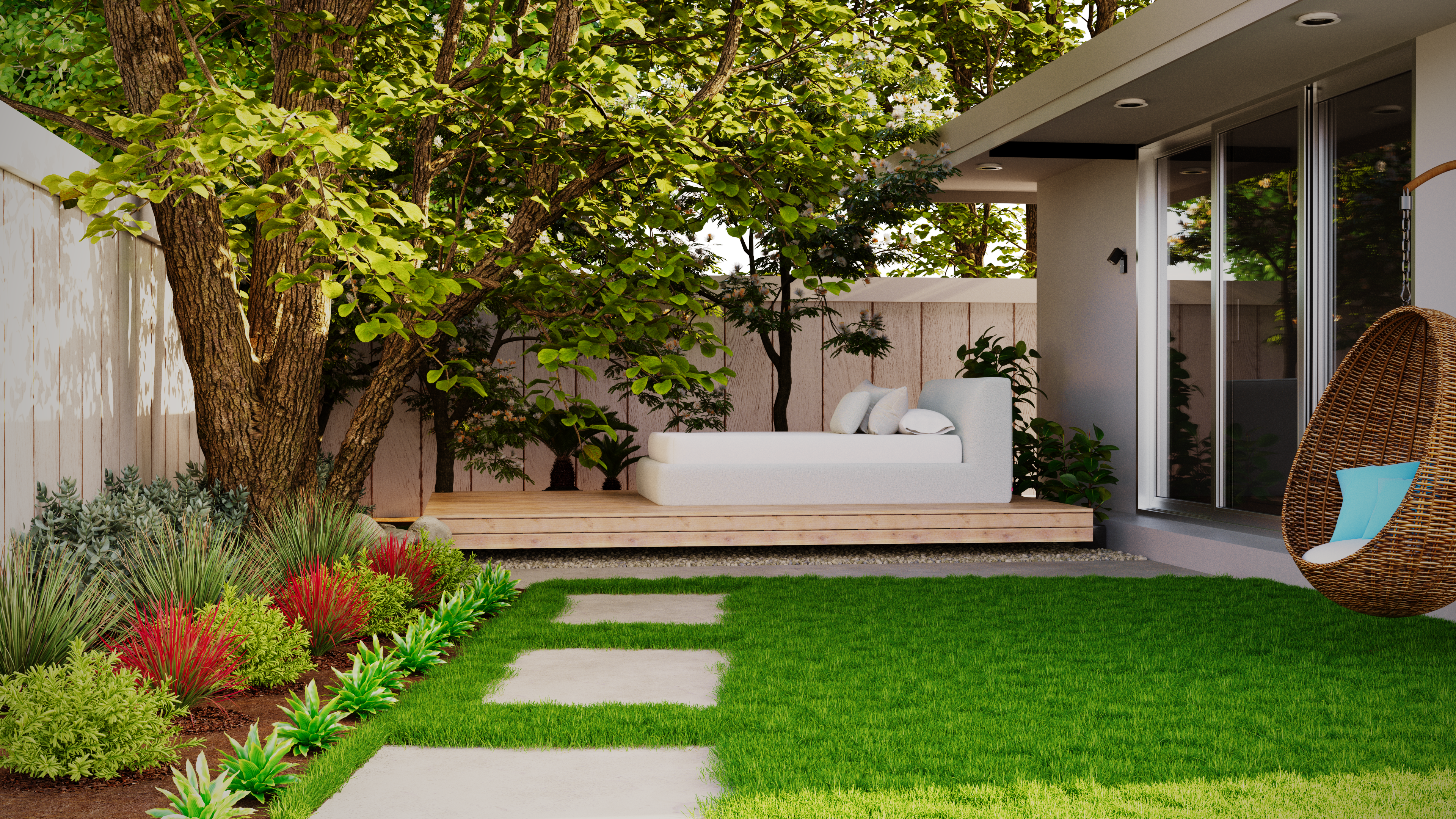 A serene outdoor patio with lush garden, wooden decking, and hammock seating.