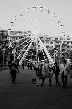 这张单色图像捕捉了捷克共和国布尔诺游乐场上的摩天轮和人们
