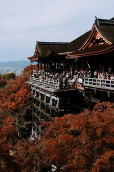 Beautiful autumn scene at Kiyomizu-dera Temple in Kyoto with red foliage and crowds enjoying the view.