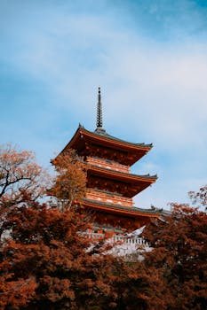 Scenic view of Kiyomizu-dera Temple surrounded by vibrant fall foliage in Kyoto, Japan.