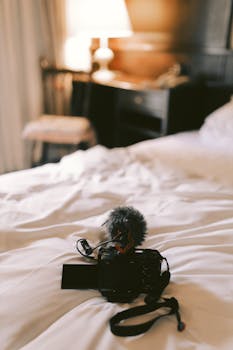 A close-up of a camera with a microphone on a bed in a warmly lit bedroom.