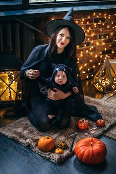一位母亲和她的婴儿穿着带有南瓜和节日装饰的万圣节服装