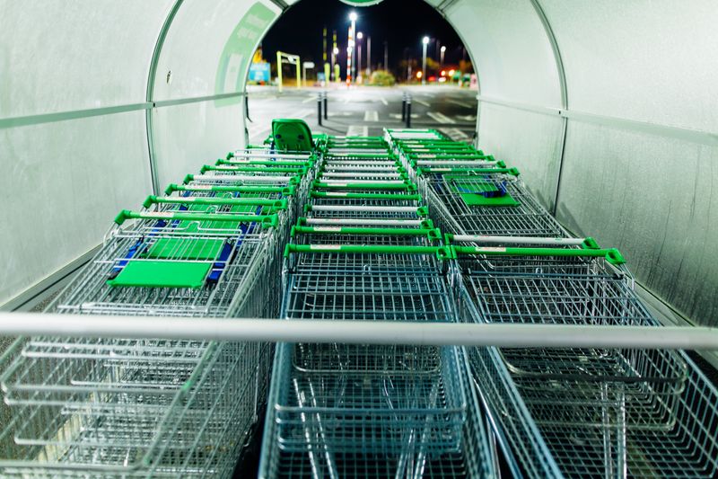 Multiple shopping carts lined up in an outdoor storage area during nighttime.
