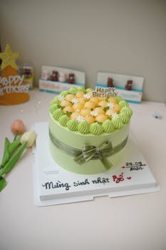 A beautifully decorated green birthday cake with fruit and floral designs, perfect for celebrations.