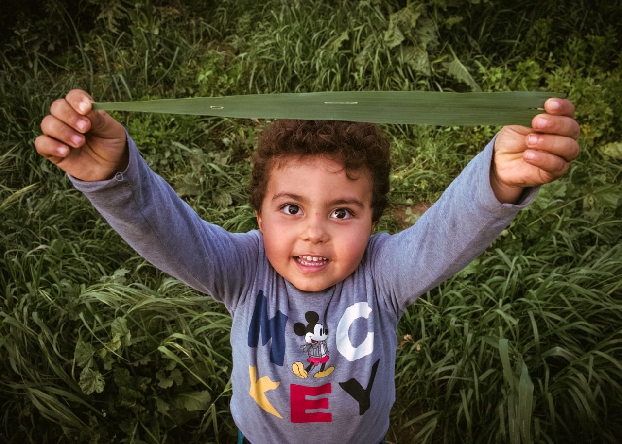 a joyful child holds a long leaf up in a lush green field smiling brig