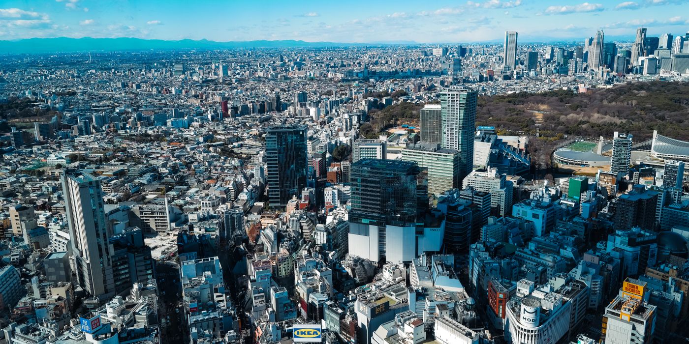 Aerial view of Tokyo skyline during Golden Week