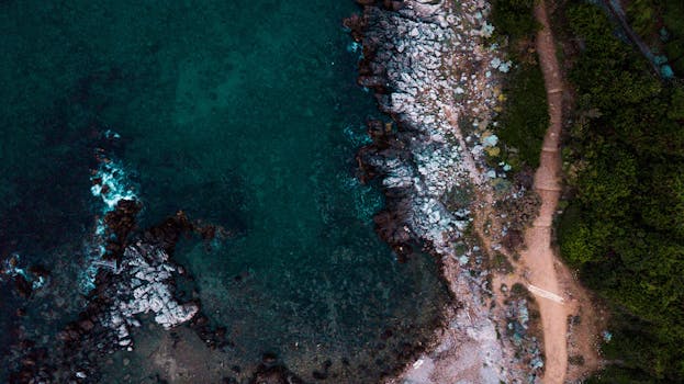 Stunning aerial shot of a rocky coastline with turquoise waters, perfect for travel and nature themes.