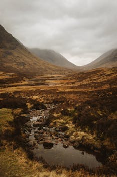 Rustic beauty of Glencoe, Scotland, showcasing a tranquil valley stream under overcast skies.