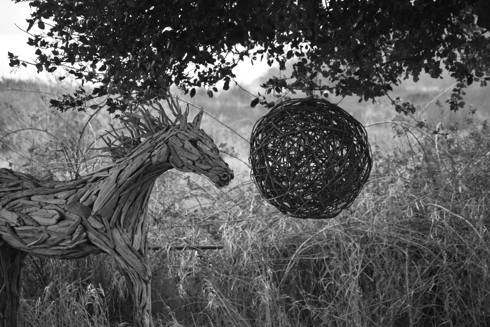 Outdoor sculpture of a horse and sphere made of wood seen in a rural environment.