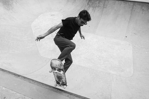 A skater performing a trick in a Bali skate park, captured in monochrome.