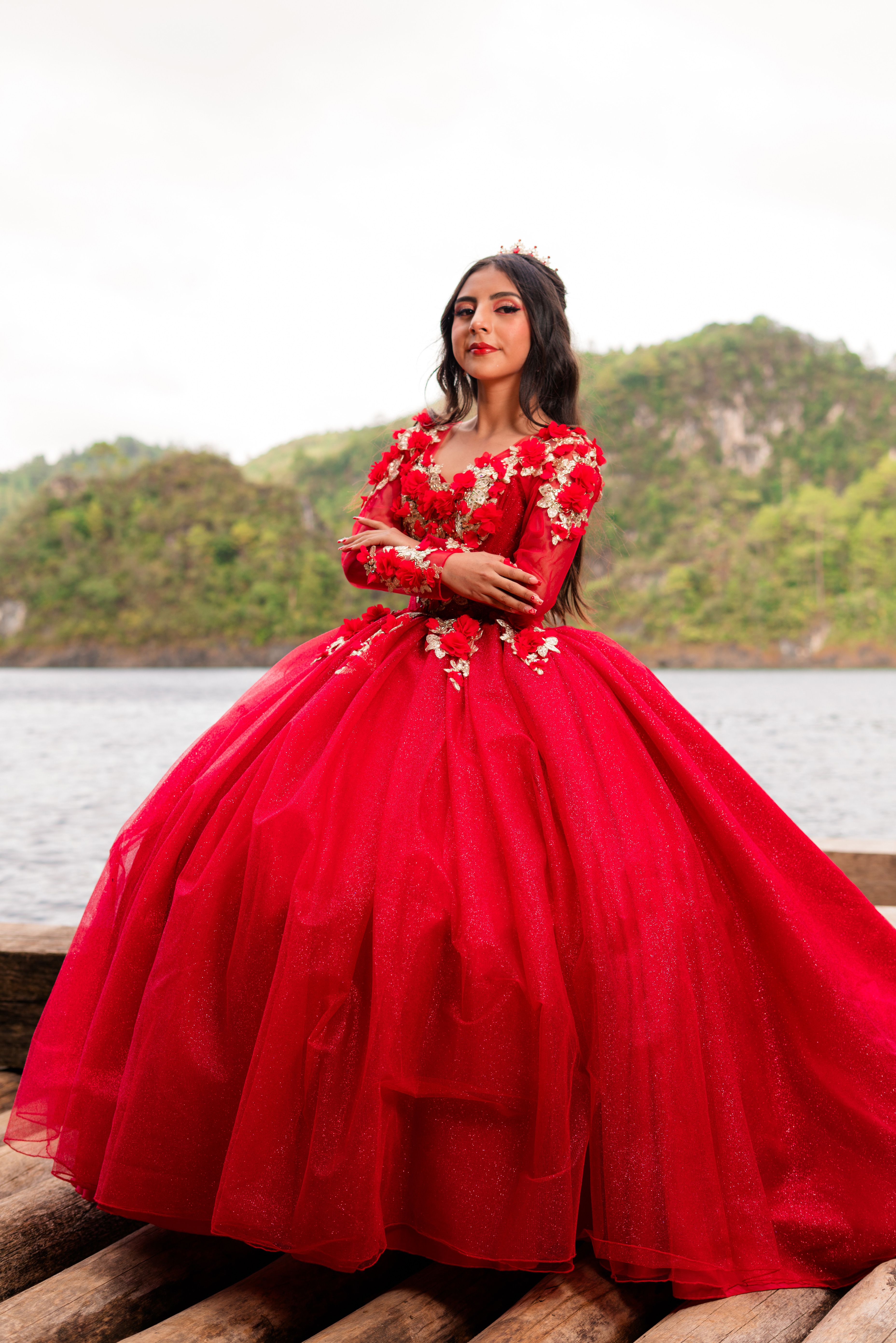 Elegant Woman in Red Dress by Lake · Free Stock Photo