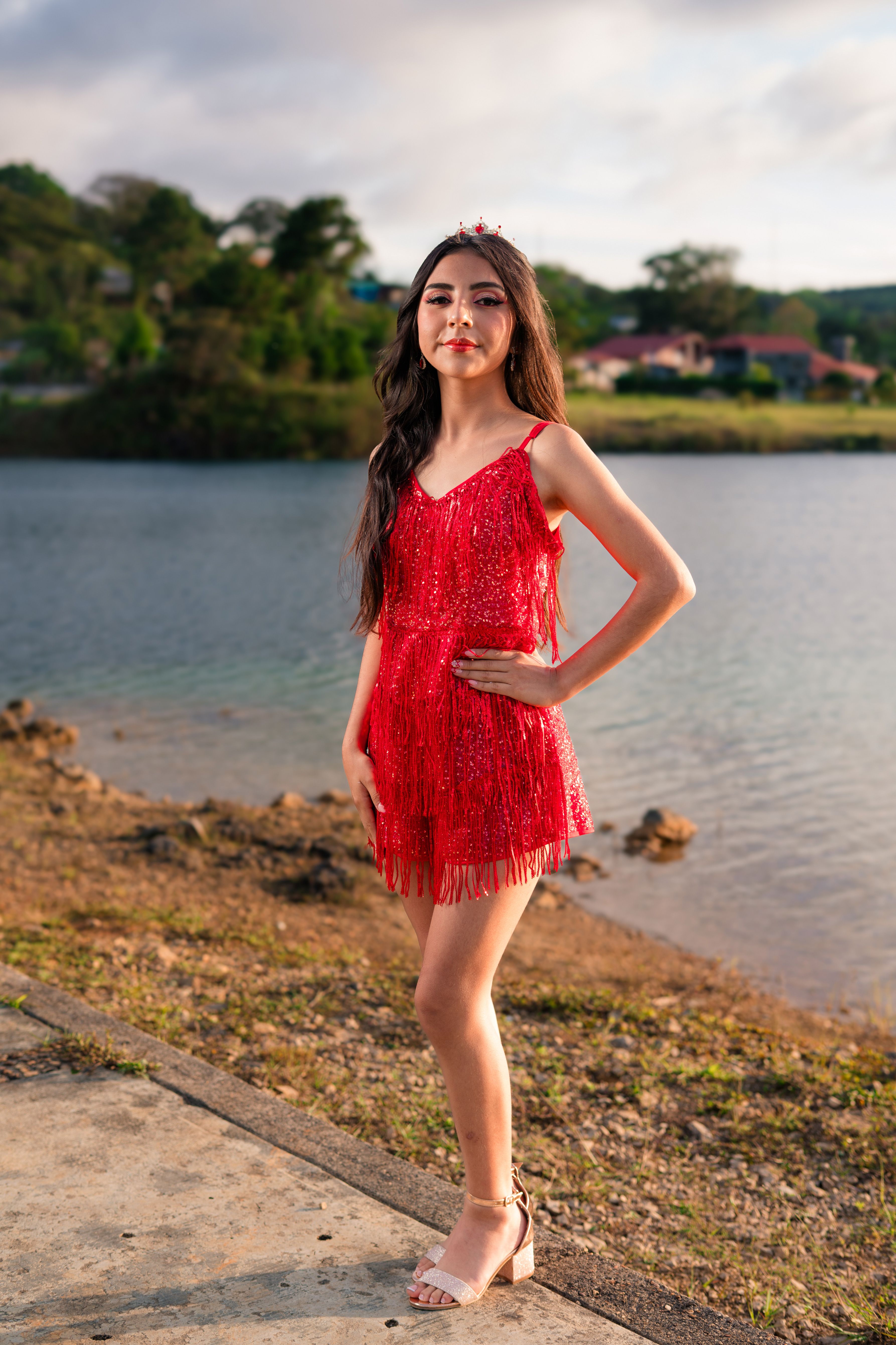 Young Woman in Red Dress by Lake at Sunset · Free Stock Photo