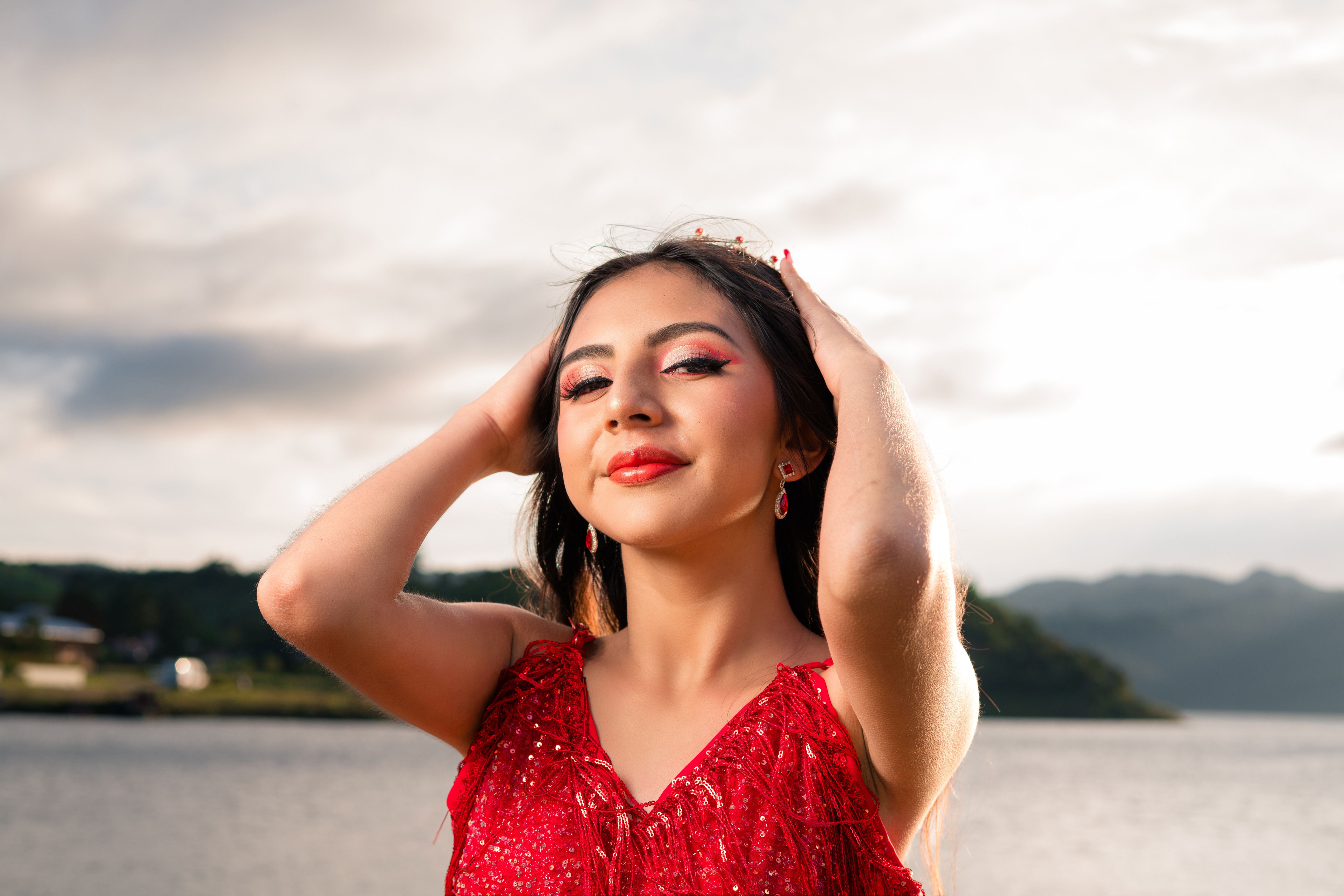 Outdoor Portrait of Woman in Red Dress by Lake · Free Stock Photo