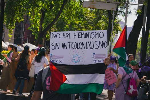 Activists marching in a city advocating for feminism and anticolonialism with flags.