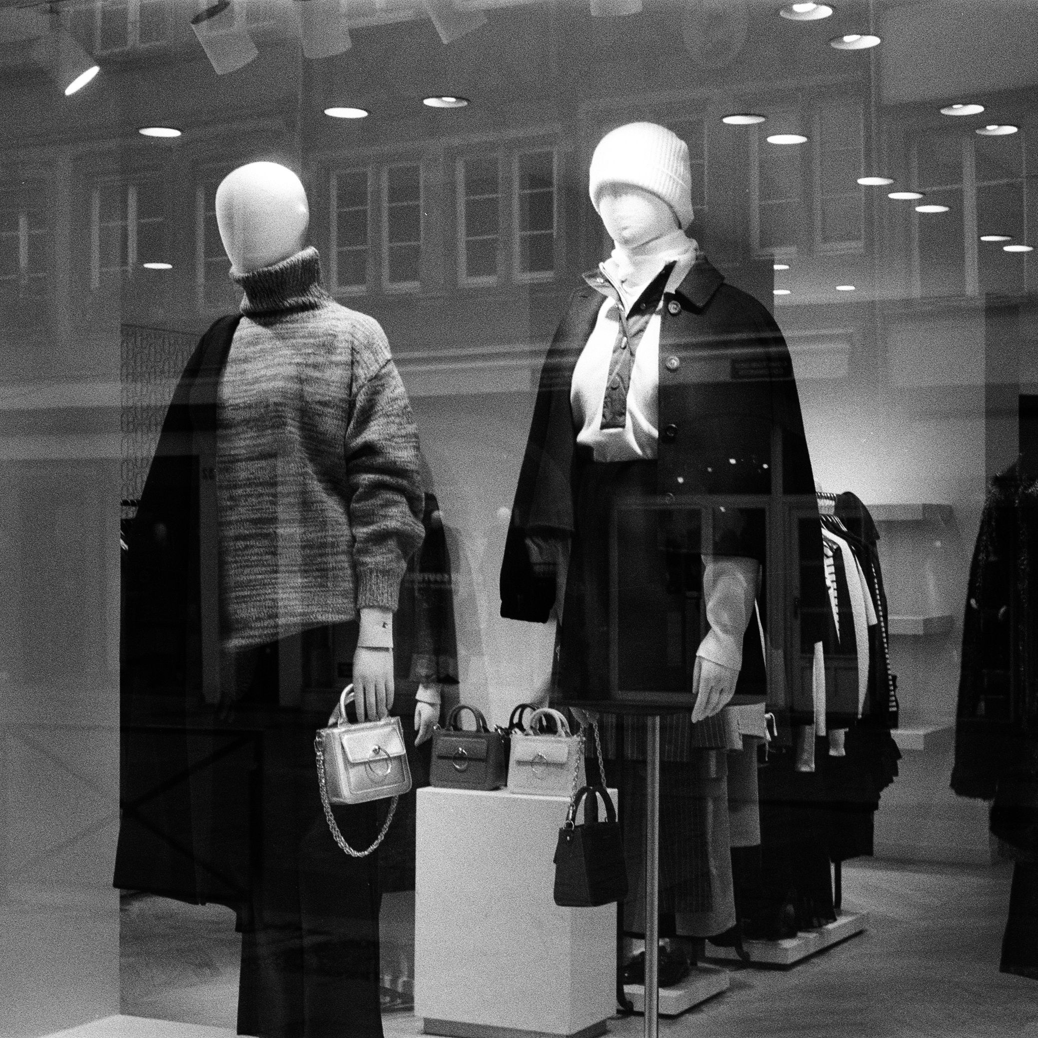 Monochrome display of elegant fashion mannequins in Strasbourg, France