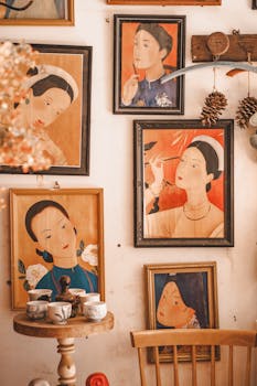 Cozy room with vintage framed portraits and rustic decorations on the wall.