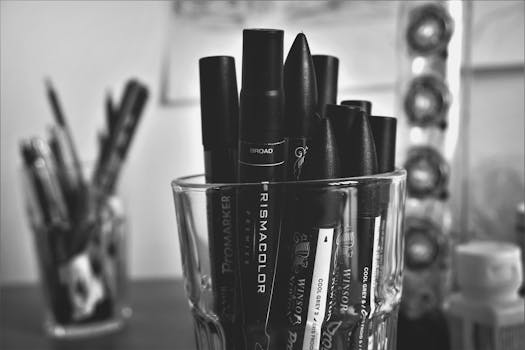 黑白记号笔在玻璃杯上的特写，非常适合艺术和商业主题