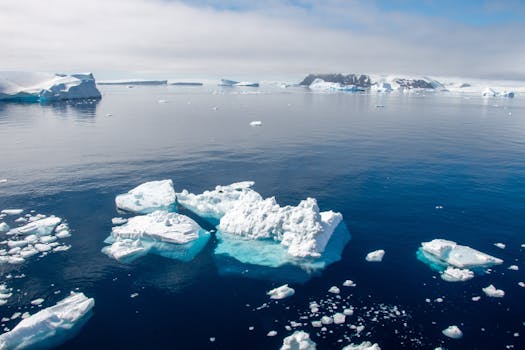 A stunning view of icebergs floating in the clear waters of Antarctica under a cloudy sky.