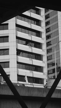 Monochrome photo of modern urban architecture with unique angles.