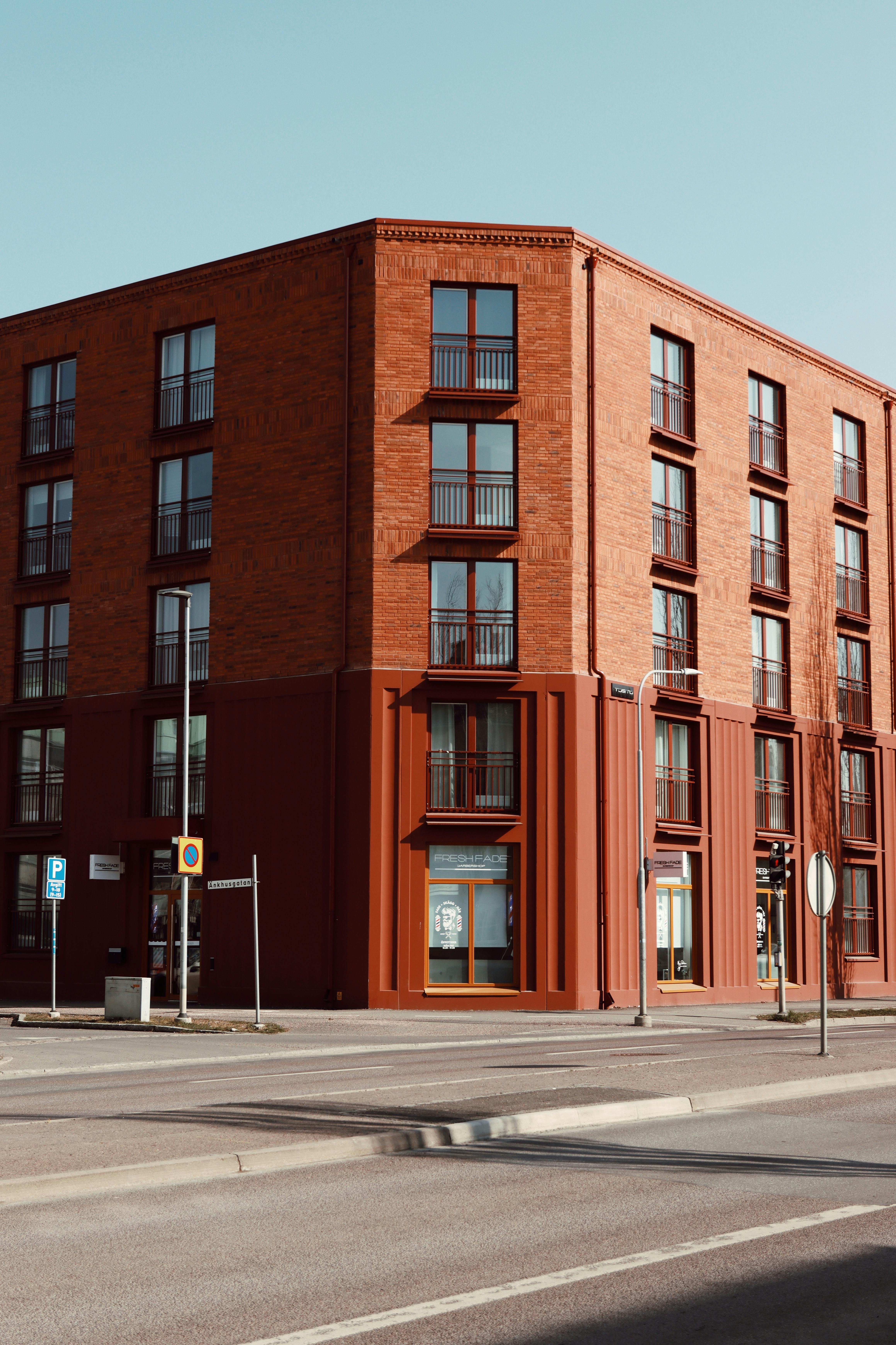 A stylish brick apartment building in Jönköping, Sweden captures Scandinavian architectural design.