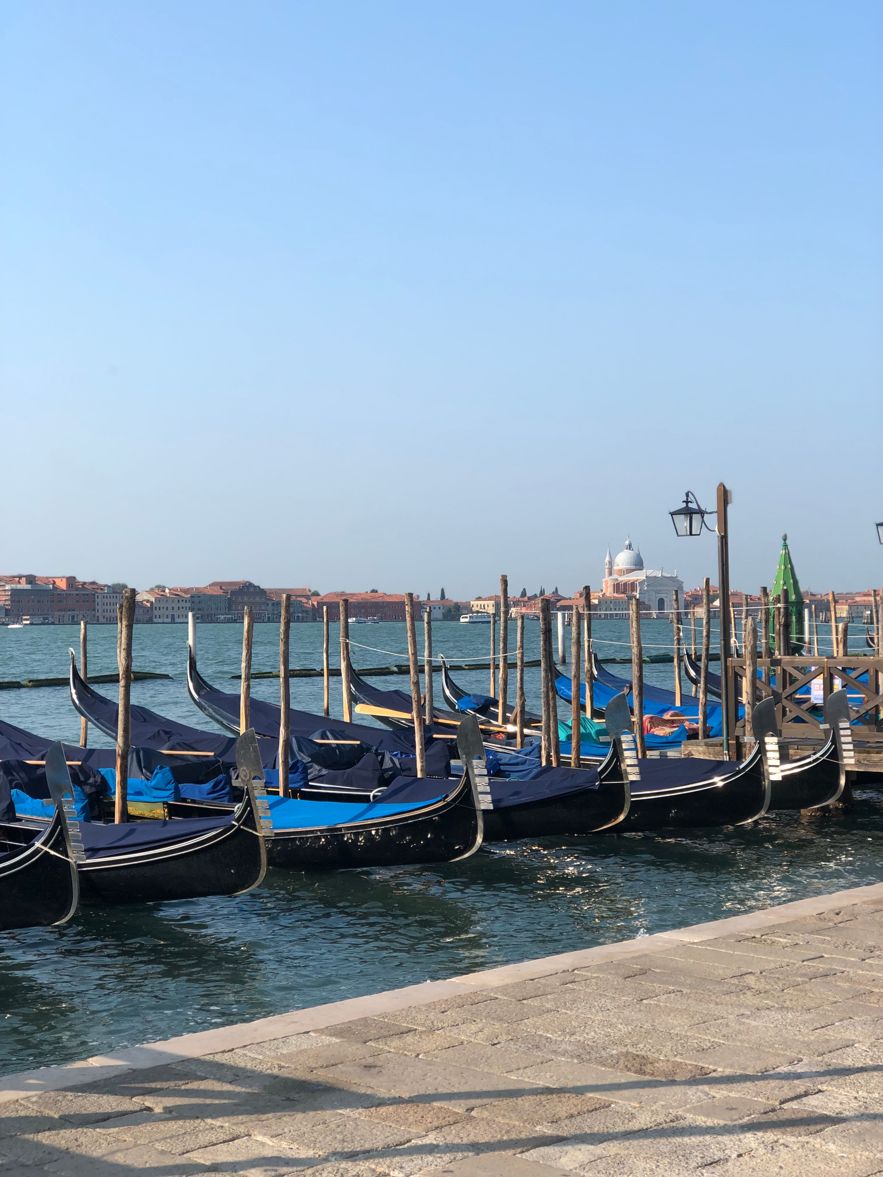 A picturesque view of gondolas lined up along the Grand Canal in Venice, Italy.