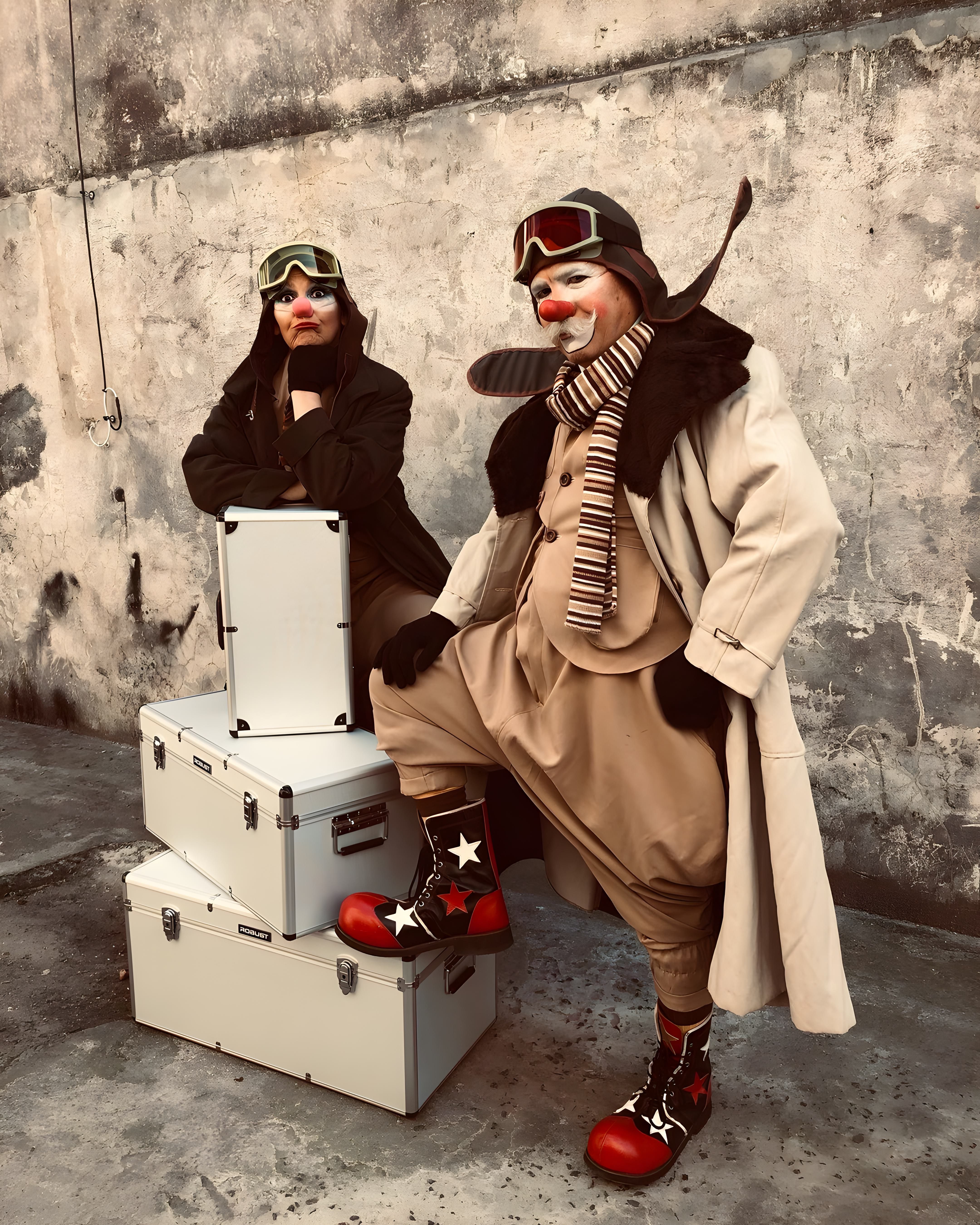 Gratis Clown in tenuta da aviatore posano contro una parete ruvida, emanando un fascino vintage. Foto a disposizione
