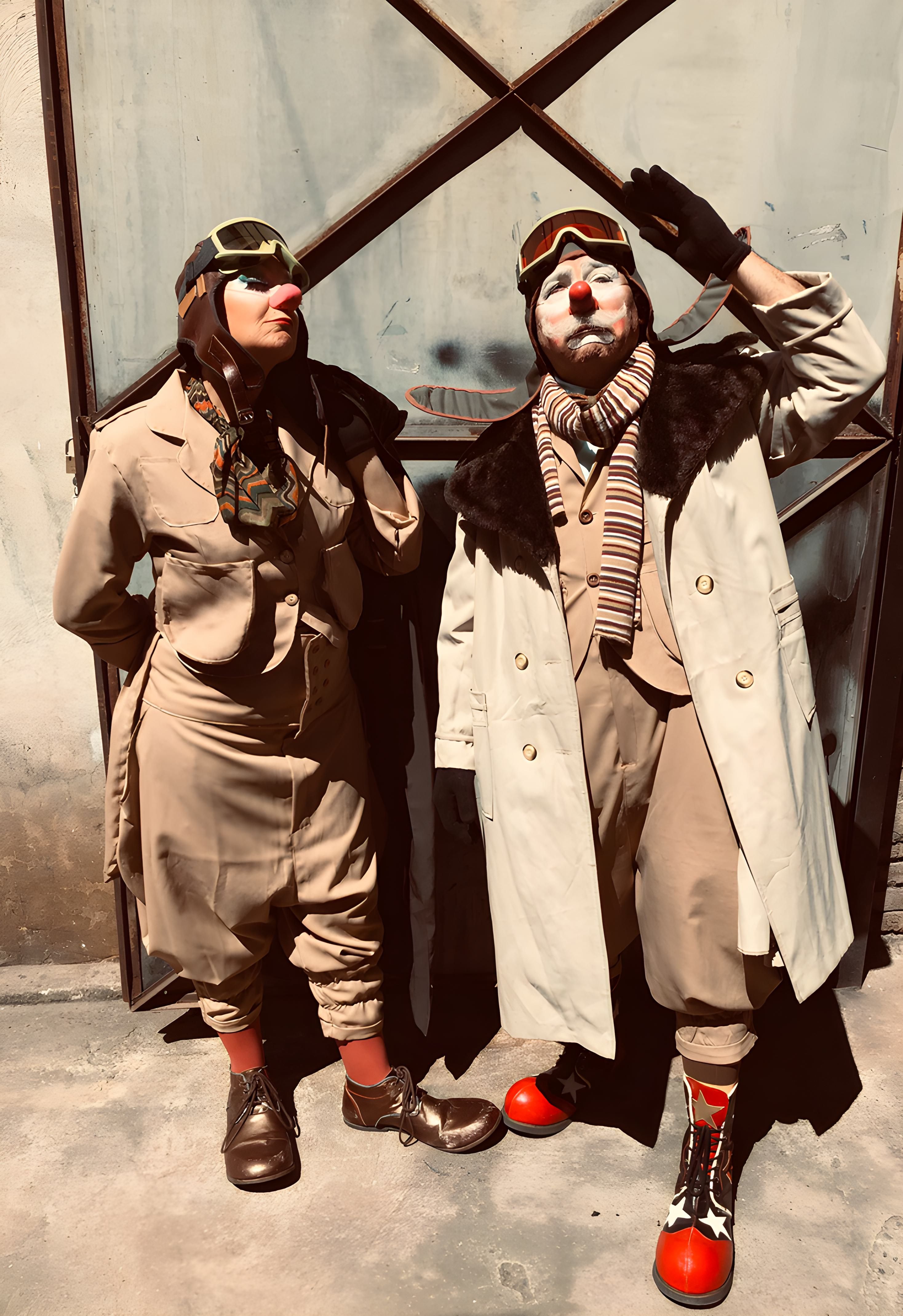 Gratis Due clown in tenuta da aviatore posano e fanno gesti di saluto su uno sfondo industriale. Foto a disposizione
