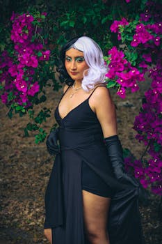 Elegant woman in fantasy cosplay amidst vibrant flowers in a city park.