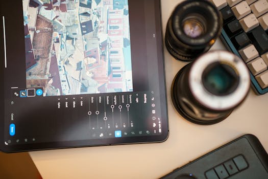 A modern workspace featuring a tablet editing cityscape photo, camera lens, and keyboard.