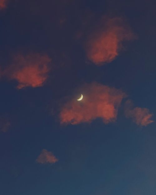 Free A serene crescent moon surrounded by vibrant red clouds at twilight. Stock Photo