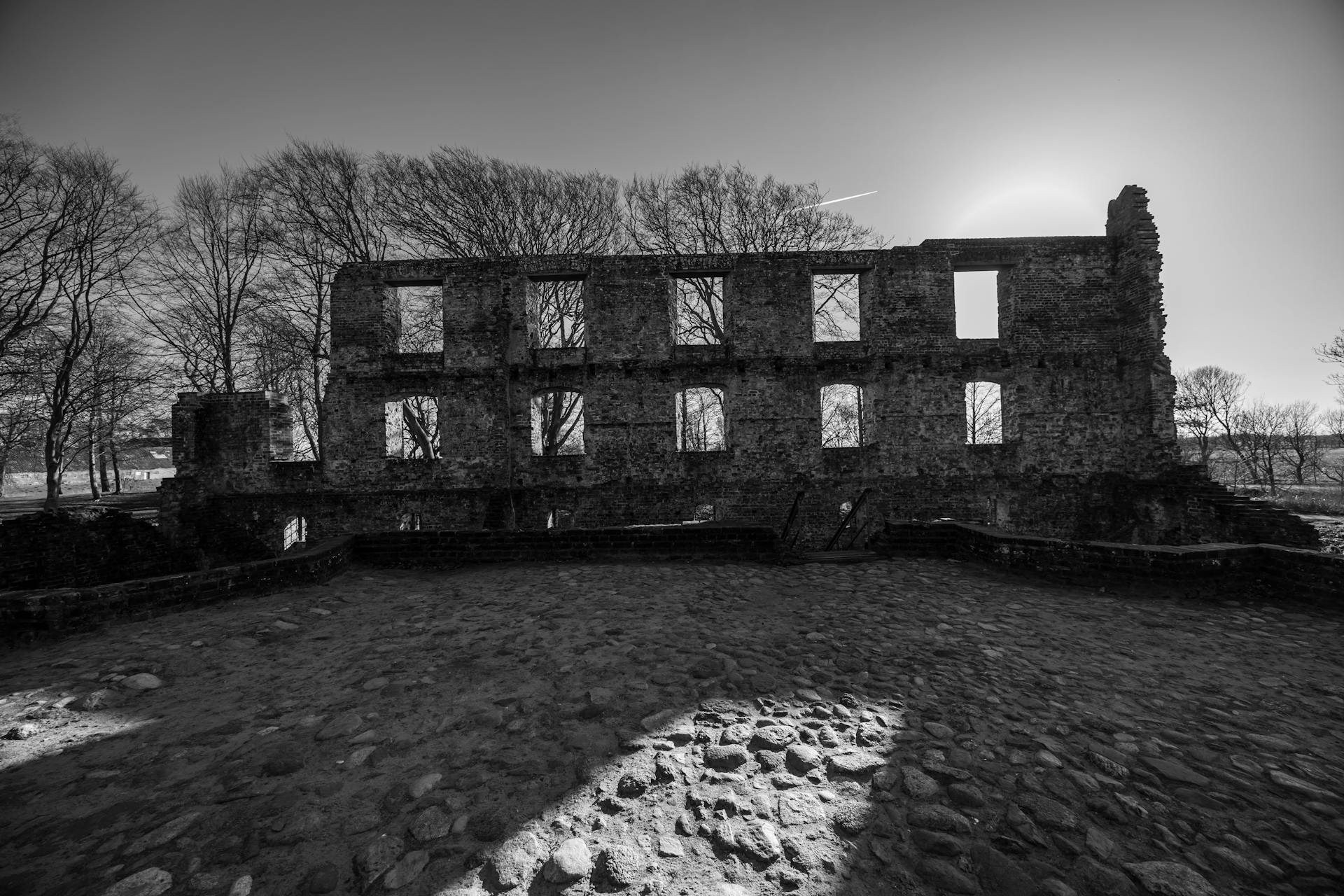 Black and white photo of ancient ruins in Visby with trees in daylight.