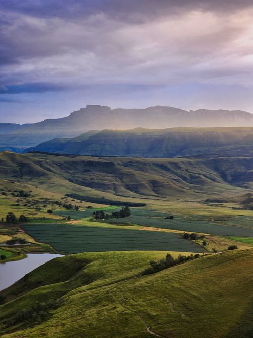 Free Majestic view of the Drakensberg mountains at sunrise, showcasing lush green valleys. Stock Photo