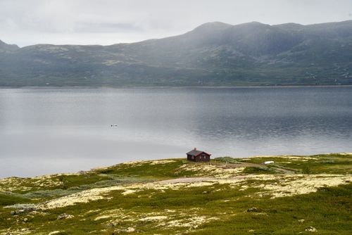 Free A peaceful cabin by a tranquil mountain lake in Buskerud, Norway, during hazy summer. Stock Photo